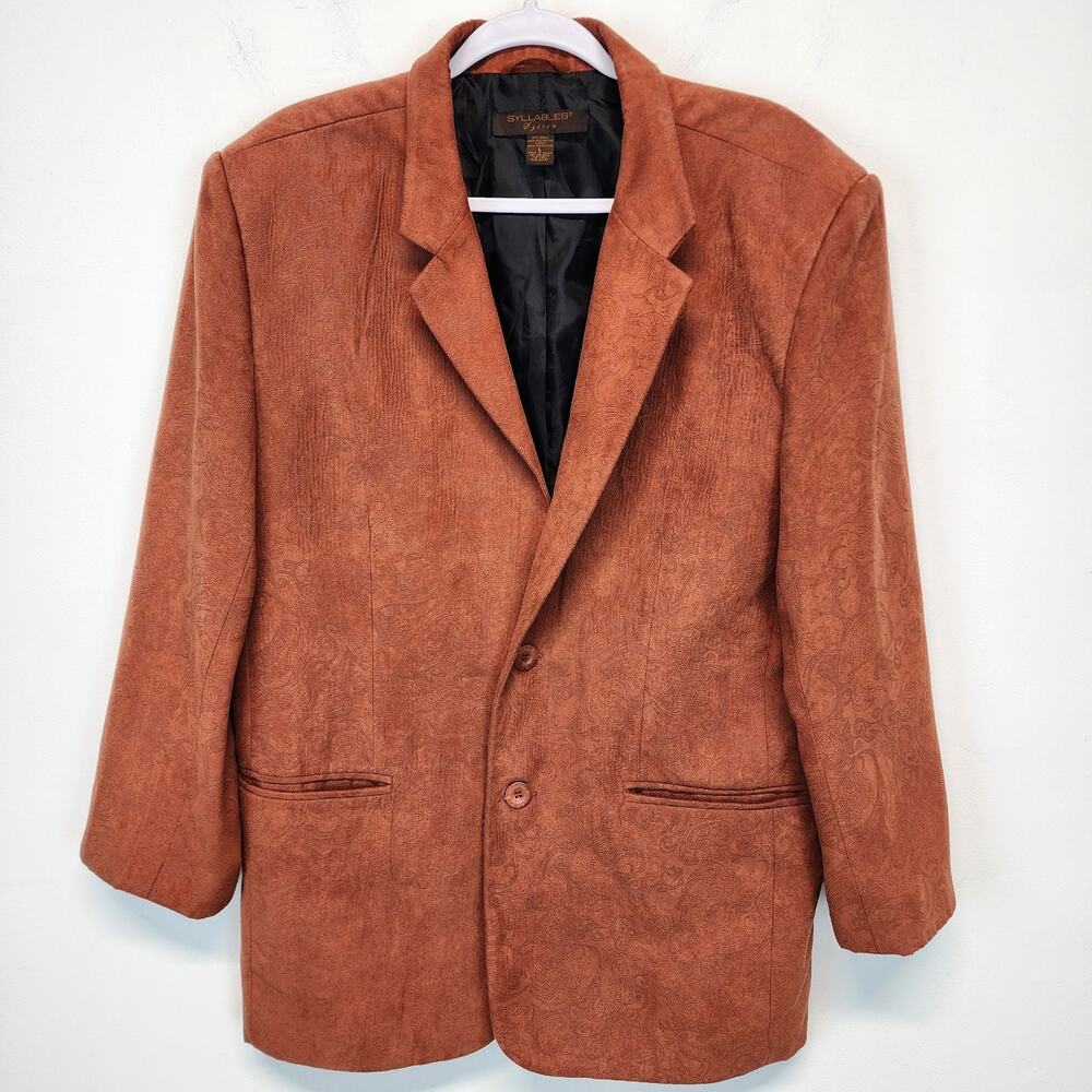 Mens Paisley Faux Suede Sport Coat Blazer Size L 42 Orange Hippie Syllables Vtg